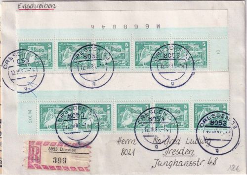 DDR - 12x5 Pg. Aufbau klein Ortseinschreibebrief Dresden 12.10.83 m. Einl.schein