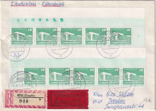 DDR - 11x10 Pg. Aufbau klein Orts-Eil-Einschreibebrief Dresden 6.9.85