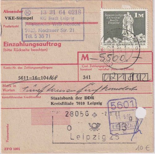 DDR - 1 M. Aufbau Einzahlungsauftrag (5.500 M.) Leipzig 2.6.81