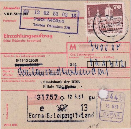 DDR - 70+30 Pfg. Aufbau Einzahlungsauftrag (3.400 M.) Borna-Land 12.6.81