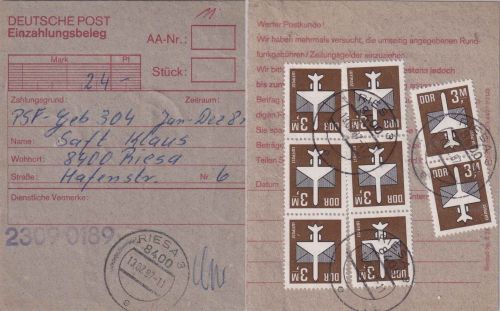 DDR - 10x3 M. Flugpost Einzahlungsbeleg Riesa 13.2.87