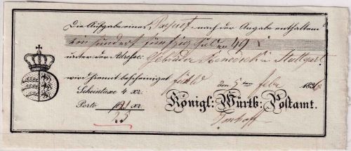 Württemberg - Fürfeld 1836 Fahrpost-Aufgabeschein Wertpaket n. Stuttgart