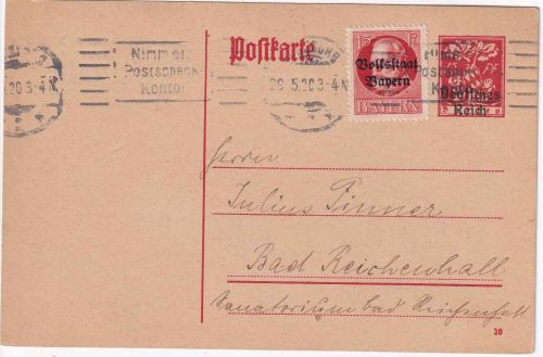 DR/Bayern - 15 Pfg. By-Abschied/DR Ganzsache + 15 Pfg. Ludwig/Volksstaat 29.5.20