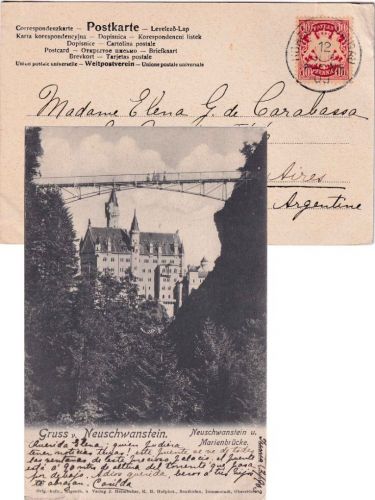 Bayern - 10 Pfg. Wappen Karte n. ARGENTINIEN Hohenschwangau - Buenos Aires 1903