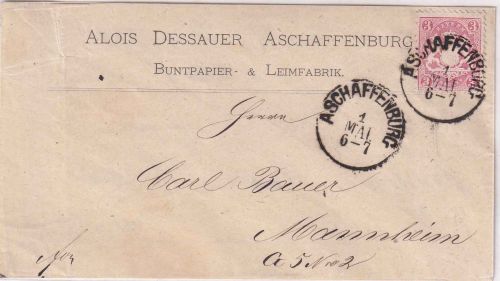 Bayern - 3 Kr. Wappen gez. Firmenbrief Aschaffenburg 1. MAI - Mannheim (1873)