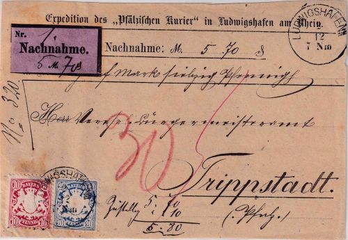 Bayern - 10+20 Pfg. Wappen Wz. 2 Nachnahmebrief-Vds. Ludwigshafen 2/12