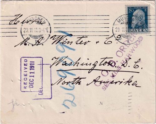 Bayern - 20 Pfg. Luitpold Brief n. USA München - Washington 1911