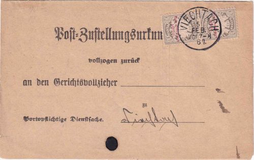 Bayern - 2x10 Pfg. Portomarke Wz.3 Postzustellurkunde Viechtach 5. FEB 84