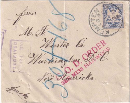 Bayern - 20 Pfg. Wappen Brief n. USA Kempten - Washington 1910