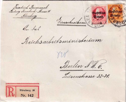 Bayern - 35+15 Pfg. Ludwig/Volksstaat Einschreibebrief Nürnberg 10 - 14. FEB 20