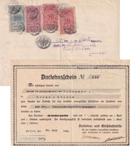 DR - Berlin 1923 300+100+2x10 M. Stempelmarken Darlehensschein