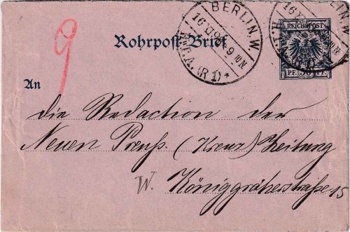 DR - 30 Pfg. Krone/Adler Ganzsache/Rohrpostbrief Berlin W HTA 1893