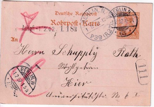 DR - 25 Pfg. Germania Reichspost Ganzsache/Rohrpost Berlin N65 1902