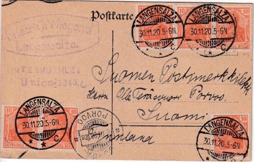 DR - 6x10 Pfg. Germania Karte n. FINNLAND Langensalza - Porvoo 30.11.20