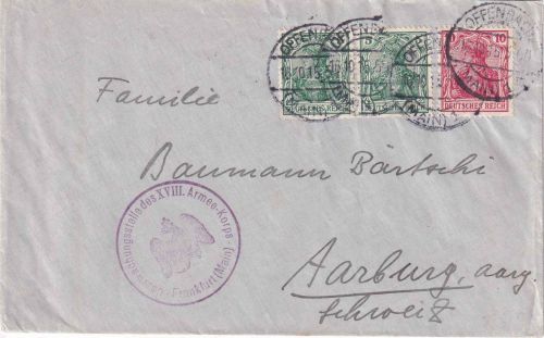 DR - 2x5+10 Pfg. Germania Zensurbrief i.d. SCHWEIZ Offenbach a/M. 16.10.15