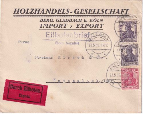 DR - 2x15+10 Pfg. Germania Firmen-Eilbrief Berg. Gladbach - Katzenloch 23.5.19