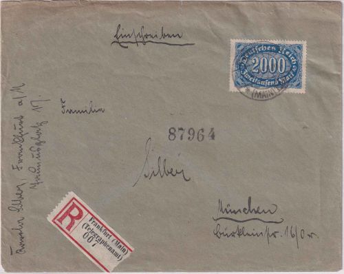 DR-Infla - 2.000 M. Queroval Einschreibebrief Frankfurt a/M. Telegraphenamt 1923