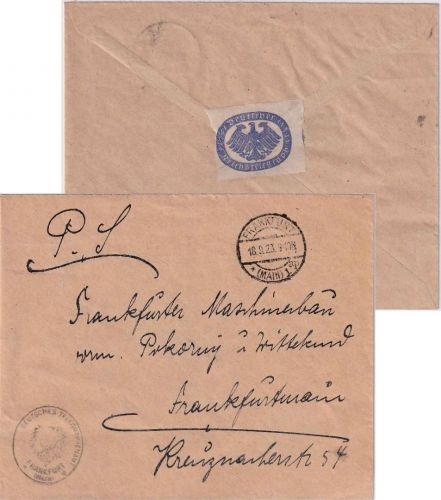 DR-Infla - Frankfurt a/M. 18.9.23 Postsache/Ortsbrief Telegraphenamt