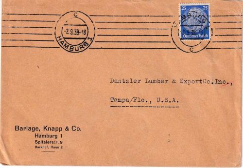 DR - 25 Pfg. Hindenburg Brief n. USA Hamburg - Tampa 2.9.39 (!)