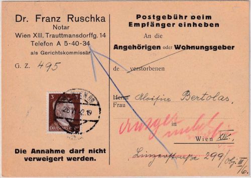 DR - 3 Pfg. AH Drucksachenkarte/Ortskarte Wien 26.6.42