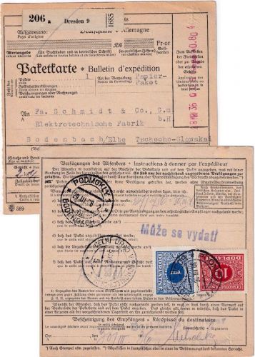 DR - Dresden 28.3.36 80 Pfg. Registrierkassenstempel Paketkarte n. TSCHECHIEN