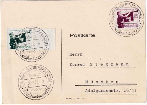 DR - Kuhlmühle ü. Wittstock Deutschlandlager 1935 Karte 6+15 Pfg. HJ-Welttreffen