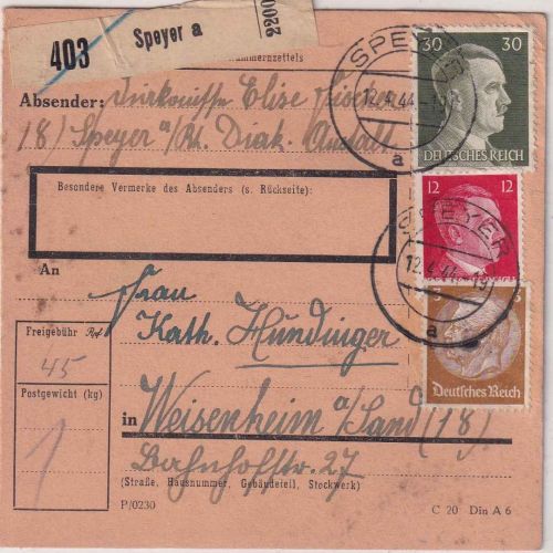 DR - 30+12+3 Pfg. AH/Hindenburg Paketkarte Speyer - Weisenheim a.S. 12.4.44