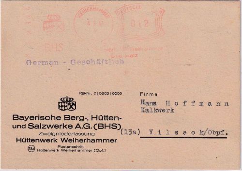 All.Bes. - Weiherhammer 4.3.47 12 Pfg. zarter AFS "BHS" Karte n. Vilseck
