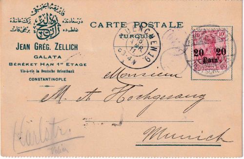 DP Türkei - 20 Pa./10 Pfg. germania Firmenkarte Constantinopel - München 1911