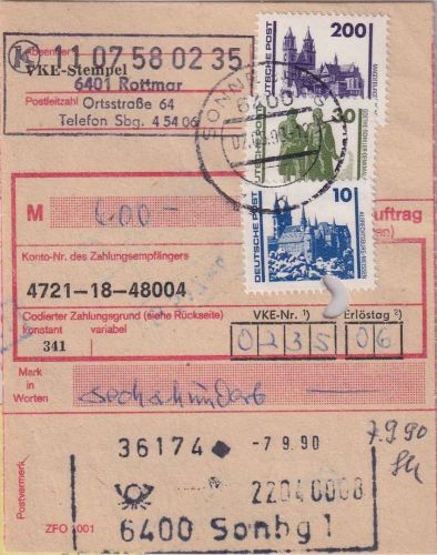 DDR/VGO - 200+30+10 Pfg. Bauwerke Einzahlungsauftrag Sonneberg 7.9.90