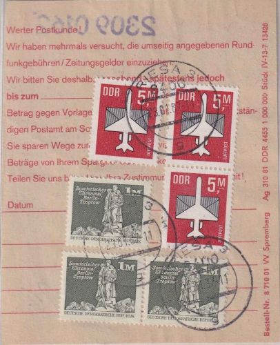 DDR - 3x5 M. Flugpostausgabe u.a. Einzahlungsbeleg Riesa 1987