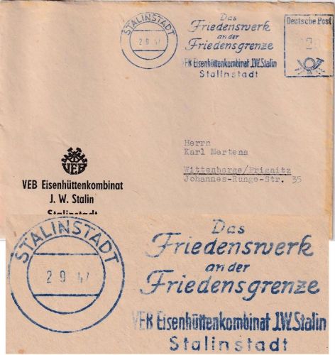 DDR - Stalinstadt 2.9.57 20 Pfg. AFS "Friedenswerk" Brief n. Wittenberge