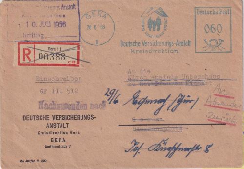 DDR - Gera 1956 60 Pfg. AFS "Dt. Vers.Anstalt" Ortseinschreibebrief Nachsendung