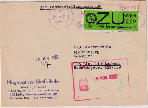 DDR - 65 Pfg. ZKD Ortszustellurkunde Berlin - Lichtenberg 15.11.67