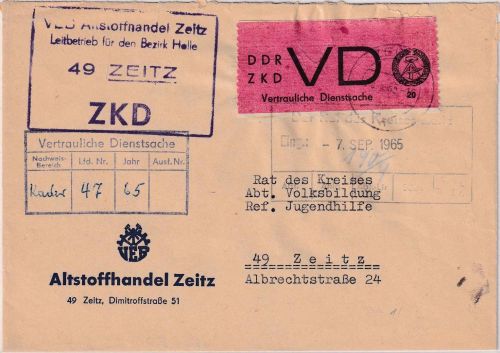 DDR - 20 Pfg. ZKD Ortsbrief Altstoffhandel Zeitz 6.9.65 - gepr. Weigelt BPP