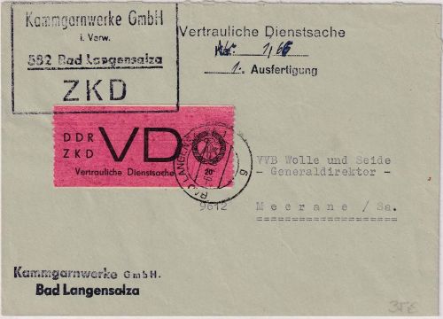 DDR - 20 Pfg. ZKD/Vertrauliche Dienstsache Brief Bad Langensalza - Meerane 1966
