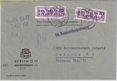 DDR - 70+20 Pfg. ZKD/Dienst "B" Zustellurkunde Berlin - Leipzig 1957 - MIF - R !