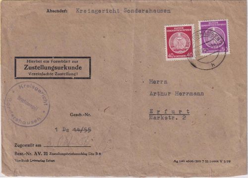 DDR - 50+40 Pfg. Dienst/B Zustellurkunde Sondershausen - Erfurt 1956