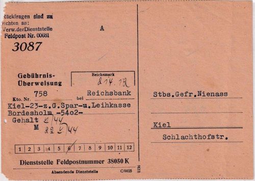 DR - Feldpostnummer 38050 K (Dänemark) Gebührnis-Überweisung n. Kiel 1944