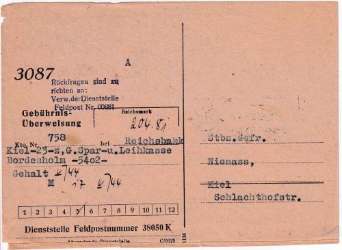 DR - Feldpostnummer 38050 K (Dänemark) Gebührnis-Überweisung n. Kiel 1944
