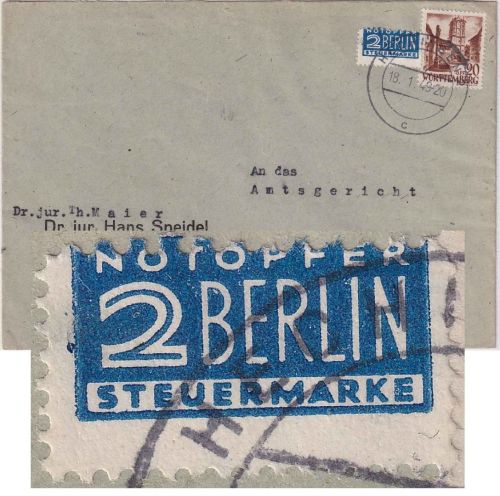 FZ/Württ. - 2 Pfg. Notopfer Berlin stark verzähnt Brief Hechingen 18.1.49