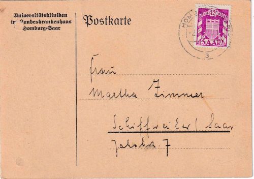 Saarland - 12 Fr. Dienstmarke Fernkarte Homburg - Schiffweiler 2.11.50