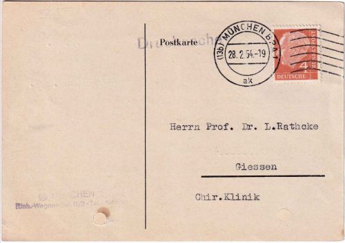 BRD - 4 Pfg. Heuss Drucksachenkarte München - Giessen 28.2.54 (!)
