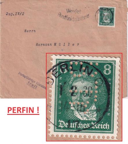 DR - 8 Pfg. Beethoven Perfin "BTr" Ortsbrief/Dienstsache Berlin O17 1.2.30