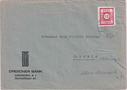 SBZ/Ostsachsen - 12 Pfg. Ziffer geschn. Bankbrief Dresden A32 19.9.45 Adresse !!