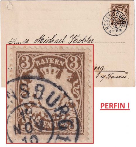 Bayern - 3 Pfg. Wappen Perfin "GB" Drucksachenkarte Regensburg 17.NOV 10