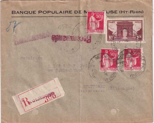 Frankreich - 2 Fr. Arc de Tromphe ua. Einschreibebrief Mulhouse - Stuttgart 1934