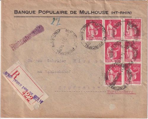 Frankreich - 7x50 C. Frieden Einschreibebrief Mulhouse - Stuttgart 1934
