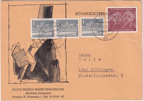 BRD - 7 Pfg. Olympiade + 3x1 Pfg. Brandenburger Tor illustr. Bücherzettel 1960