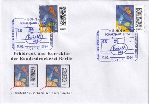 BRD - Fehldruck Flaschenpost "010" u. Nromalmarke Sonderkuvert SST Bonn 29.02.24